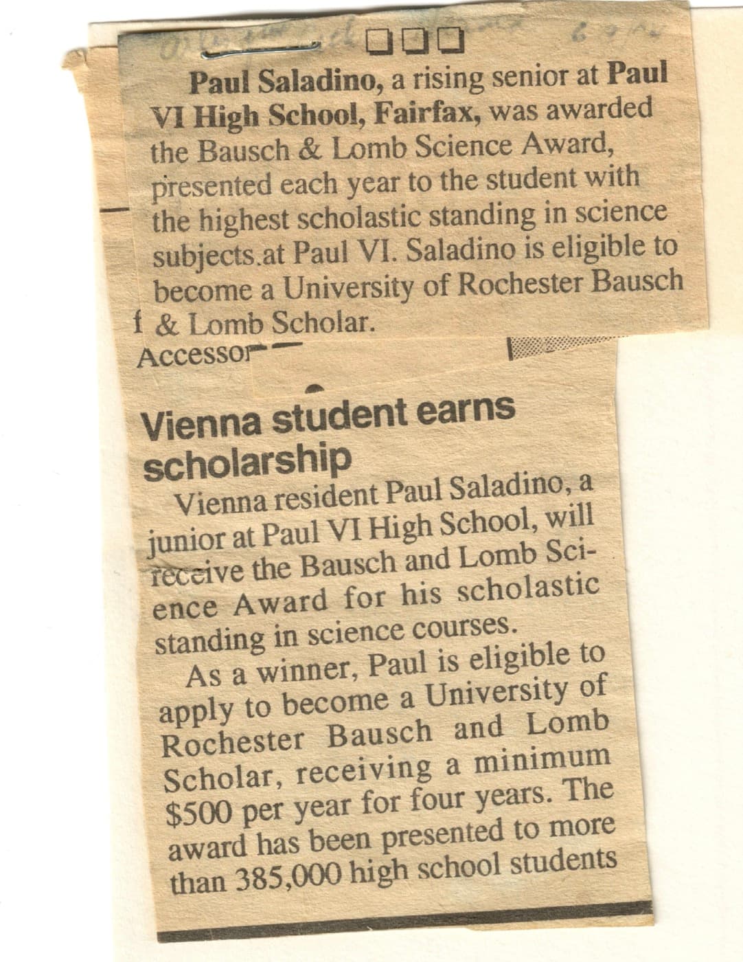 Newspaper clipping naming Paul a Bausch & Lomb Science Award recipient